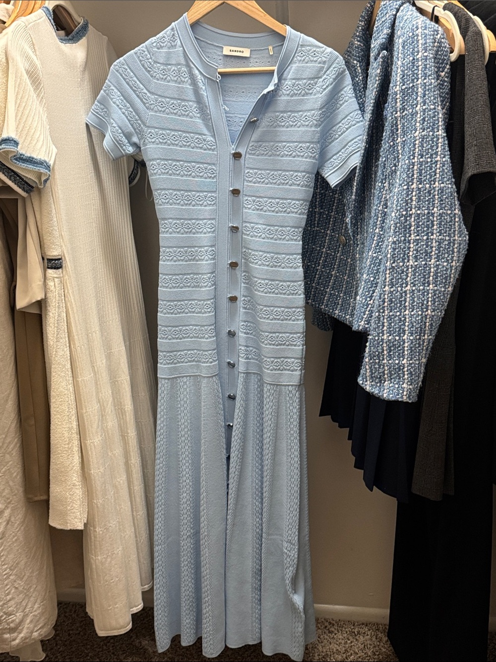 Sandro baby Blue Knit Button-Front midi Dress size 36